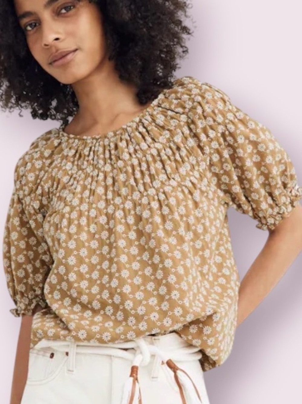 Madewell Daisy Embroidered Puff Sleeve Peasant Top Olive Green Size Medium